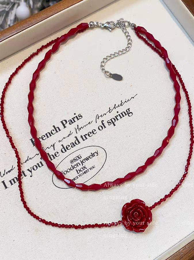 Shiluoqi accessories, retro French red rose double-layered necklace, women's niche design, choker necklace, collarbone chain Item Picture