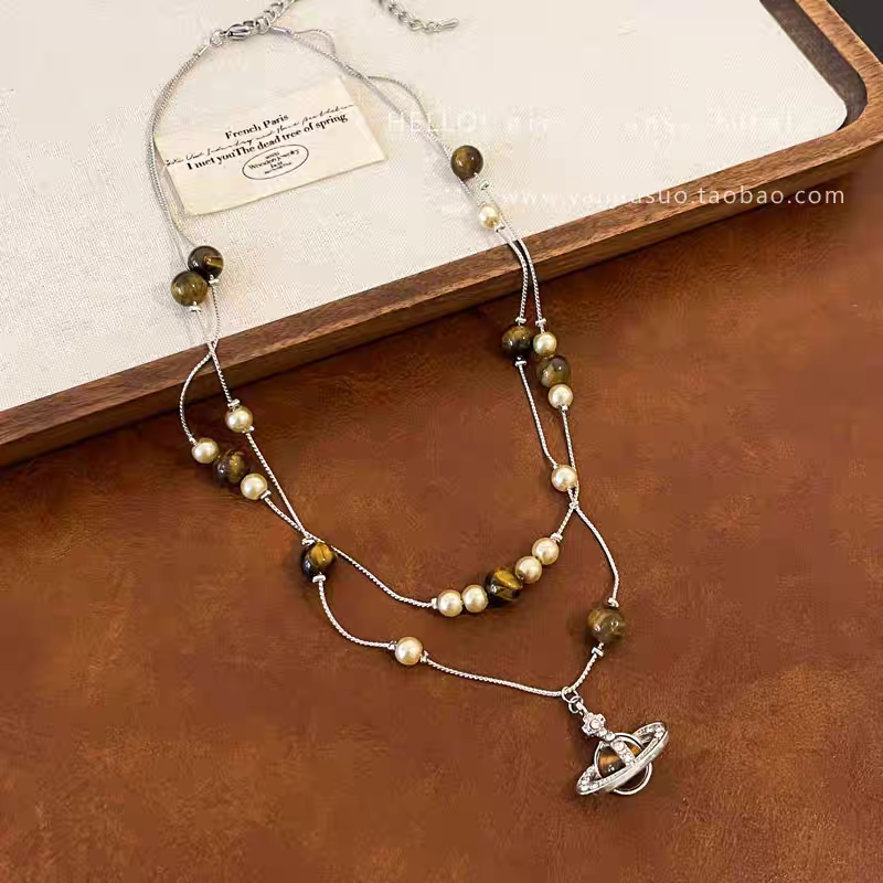 Siloqi jewelry retro tiger's eye pearl Saturn pendant necklace for women's autumn and winter, a light luxury double-layer beaded long sweater chain detail image 5