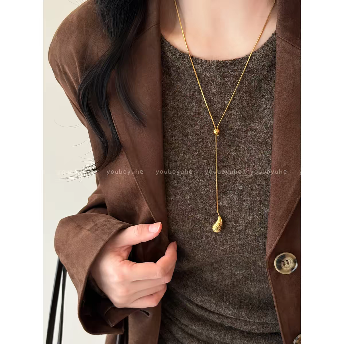 诗洛琪饰品韩系高品质金色水滴抽拉长款项链女新款时尚高级毛衣链配饰详情图4