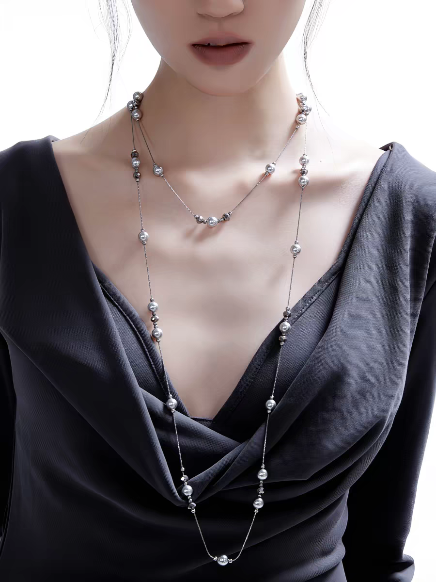 Siloqi accessories: Double-layered starry Sky grey pearl necklace for women, a light luxury and high-end look. Layered neckchain, long sweater chain for autumn and winter detail image 2