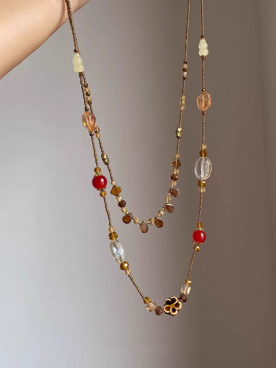 诗洛琪饰品新中式民族风项链女叠戴双层轻奢国风毛衣链复古长款串珠古风配饰白底实物图