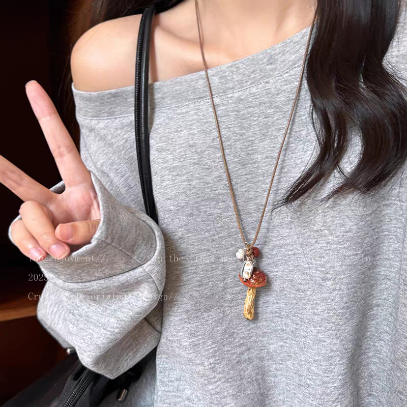 Shiluoqi accessories, new Chinese-style mushroom beaded necklace, women's retro forest-themed long pendant sweater chain neck, ethnic style dressing accessories Specification image