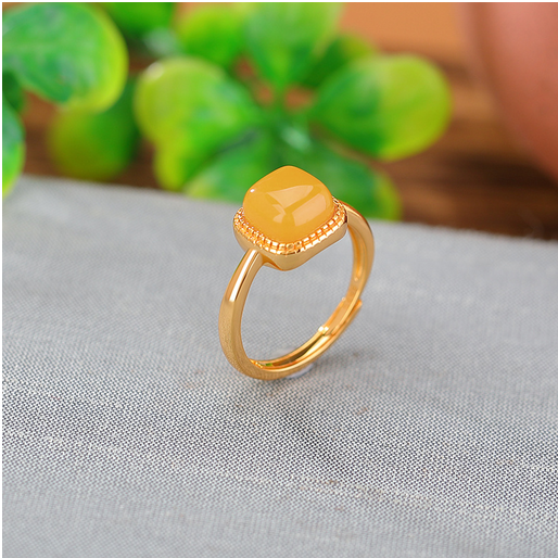 S925银镀18K金蜜蜡方形戒指