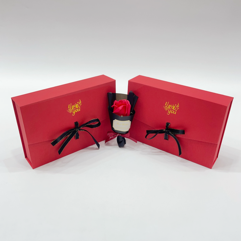 红色礼盒玫瑰花伴手礼一片式包装盒纸制品精美包装盒