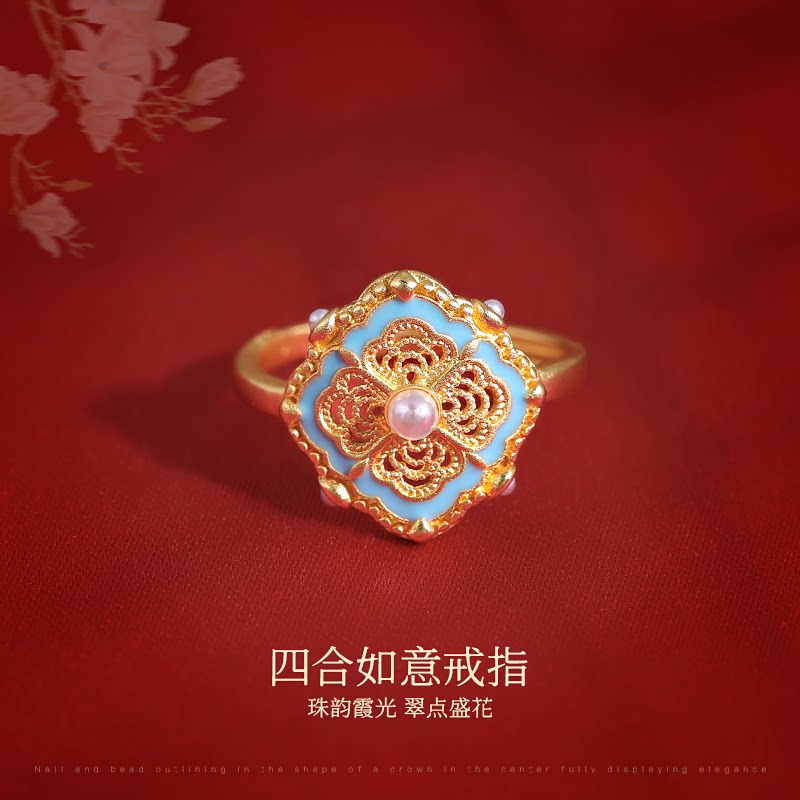New Chinese-style sand gold filigree enamel pearl index finger ring, a niche design for women with a light luxury and high-end feel, an open ring detail image 2