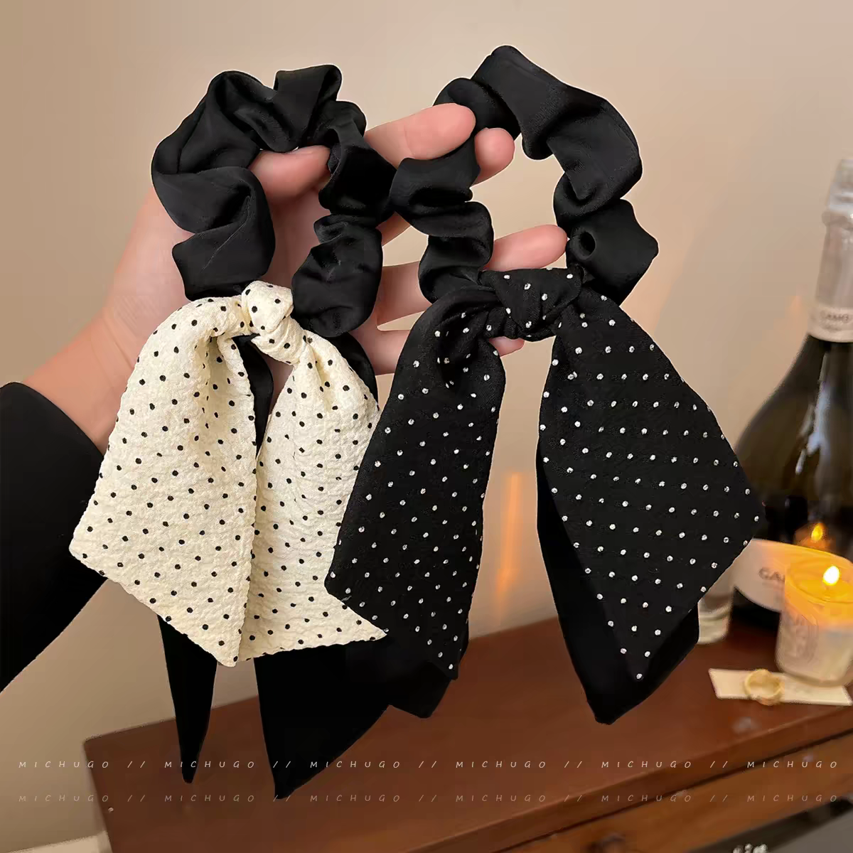 许我耀眼赵露思许妍同款黑色波点飘带发圈女扎头发绳洋气时尚发饰