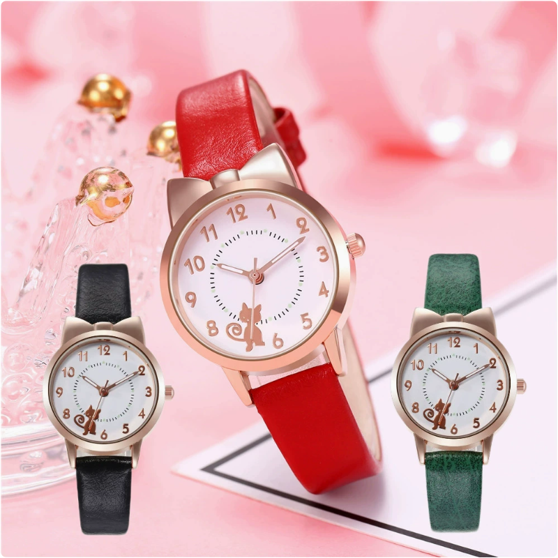 新款女士石英腕表可爱卡通金壳猫网红夜光学生个性皮带手表女款时装