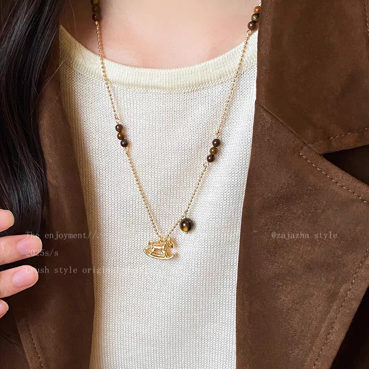 小马虎眼石吊坠项链女款2026新款小众高级毛衣链秋冬长款配饰细节图