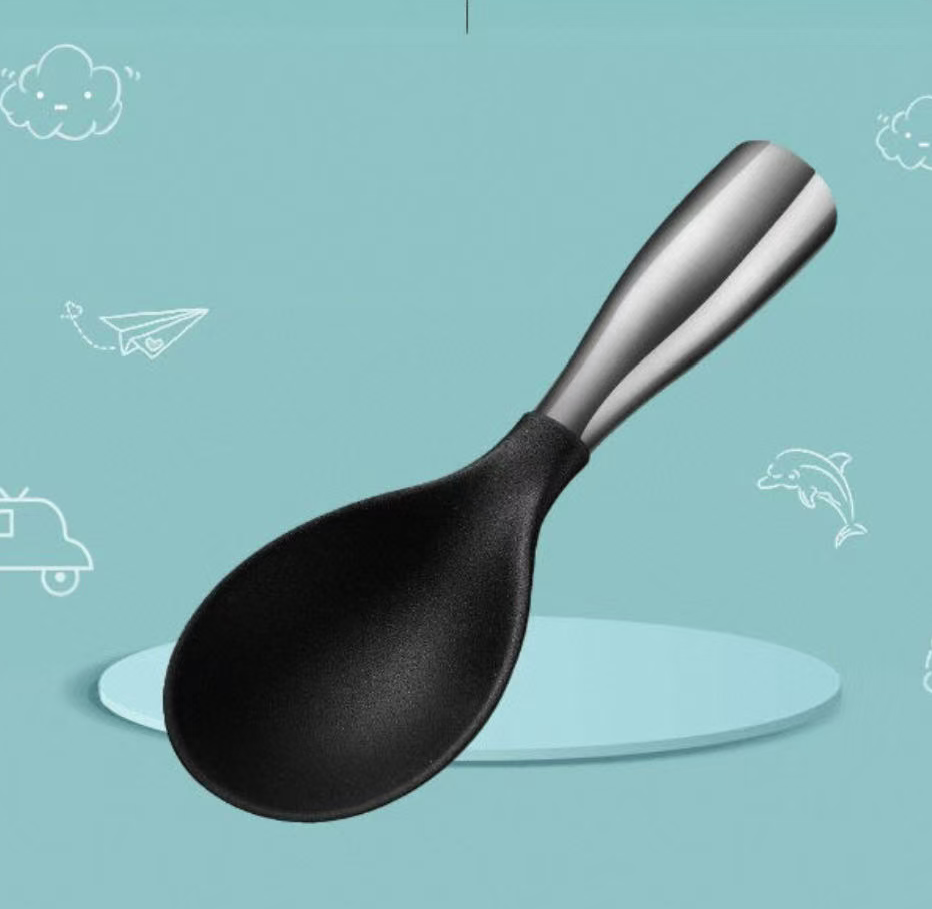 Black wooden soup spoons, stainless steel rice spoons, plastic kitchenware details Picture