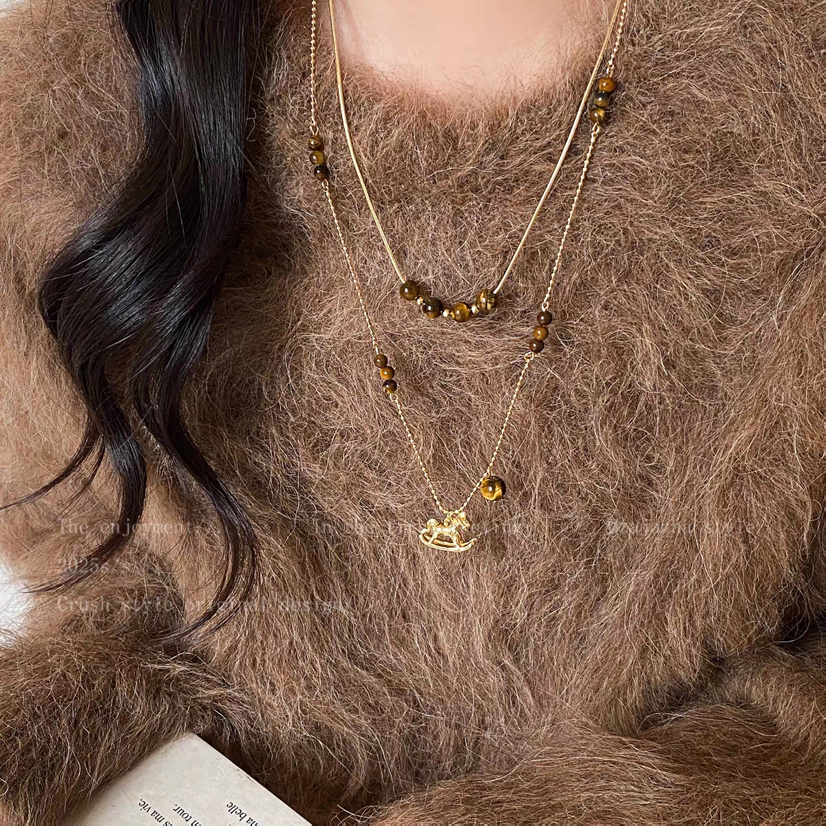 小马虎眼石吊坠项链女款2026新款小众高级毛衣链秋冬长款配饰详情图2