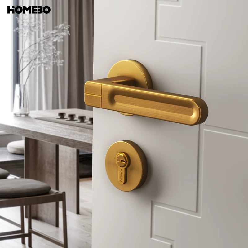 Haobao indoor bedroom yellow antique copper room door lock magnetic suction silent modern simple household solid wood door handle