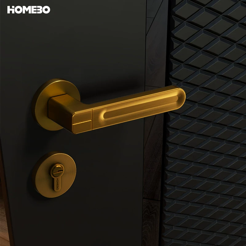 Haobao indoor bedroom yellow antique copper room door lock magnetic suction silent modern simple household solid wood door handle details Picture