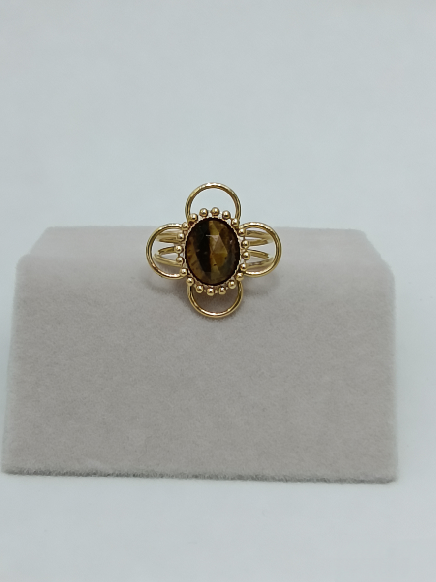 复古宫廷风虎眼石四叶花形开口戒指 轻奢小众设计感精致指环