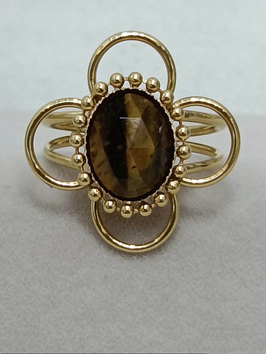 复古宫廷风虎眼石四叶花形开口戒指 轻奢小众设计感精致指环细节图