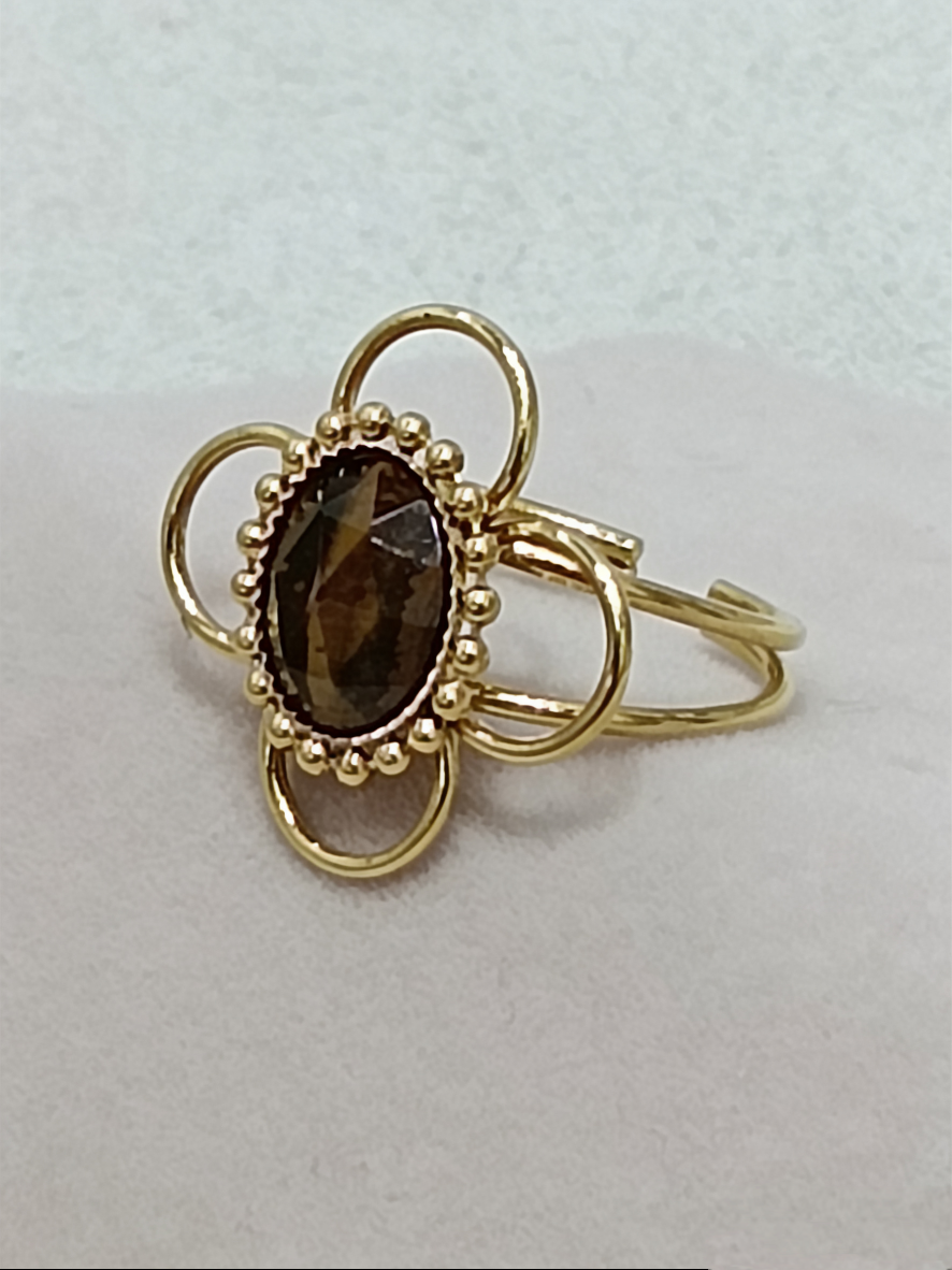 复古宫廷风虎眼石四叶花形开口戒指 轻奢小众设计感精致指环产品图