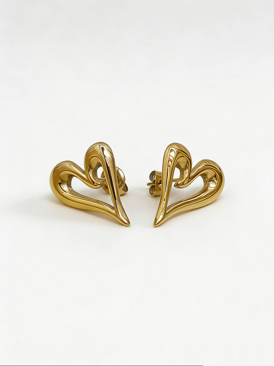 复古轻奢双爱心镂空耳钉 小众设计感金色高级感百搭耳饰白底实物图