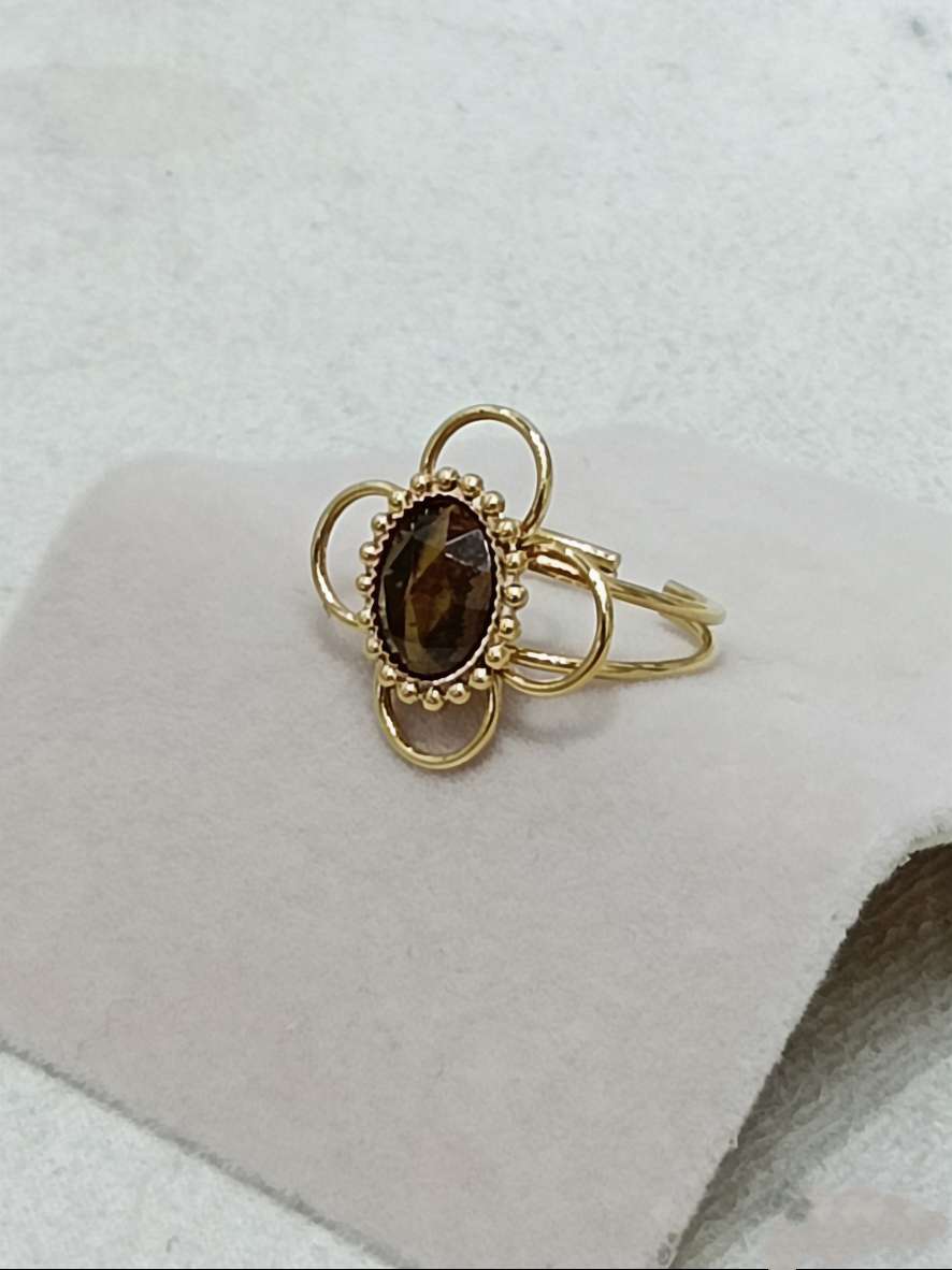 复古宫廷风虎眼石四叶花形开口戒指 轻奢小众设计感精致指环白底实物图