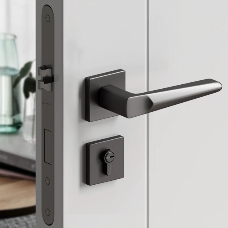 Haobao bedroom door lock, indoor magnetic silent black room door lock, household bathroom split solid wood door handle