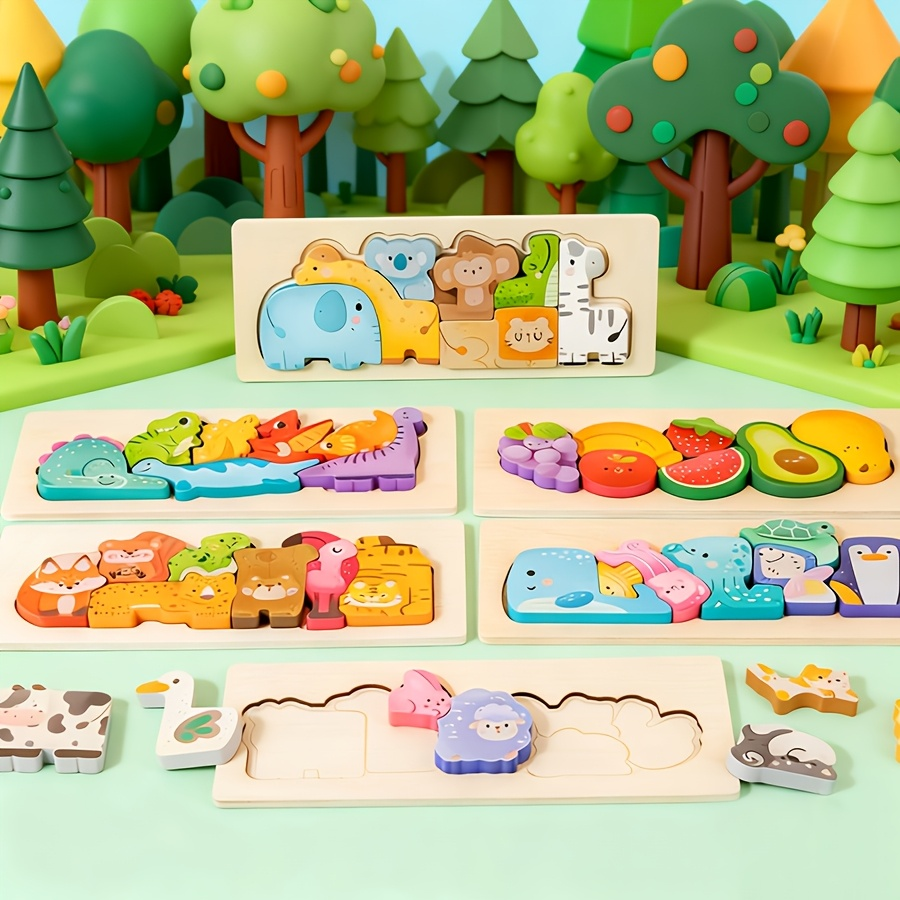 彩色木质积木拼图创意益智早教玩具亲子立体拼图木制积木拼板六款可选创意手绘图案