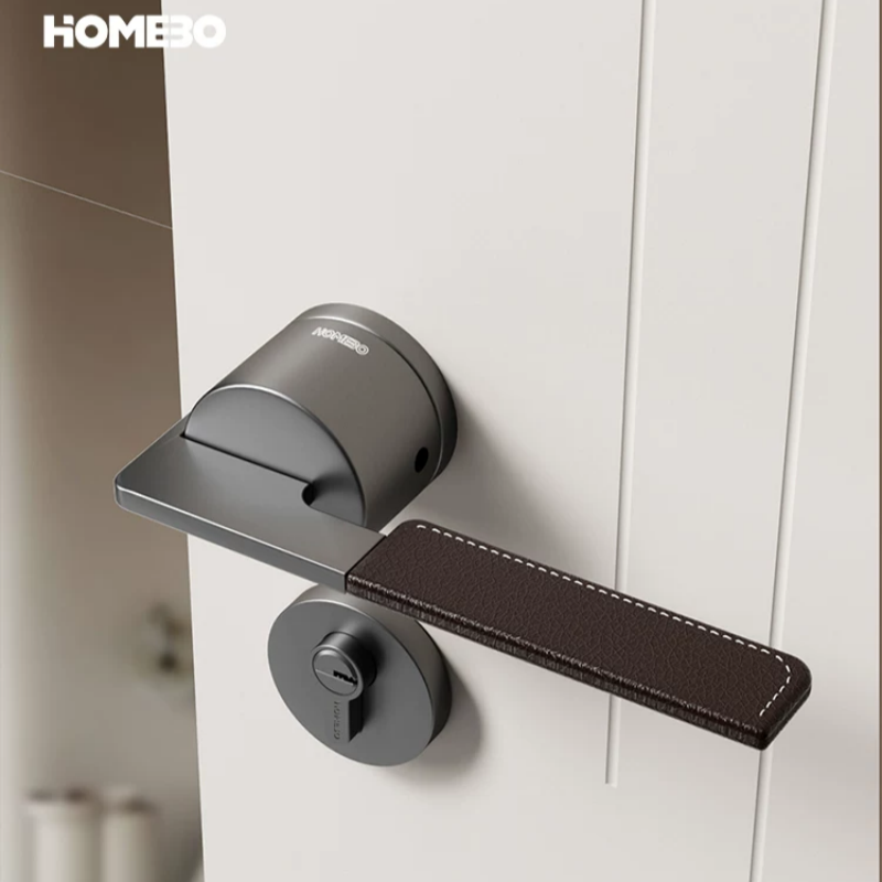 Haobao door lock bedroom home magnetic silent room door lock, grey Nordic leather split lock, indoor wooden door handle