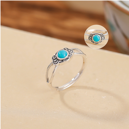 S925银戒指女款简约时尚轻奢戒指如意绿松镶嵌