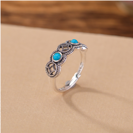 S925银戒指女款简约时尚轻奢戒指铜钱镂空绿松石镶嵌
