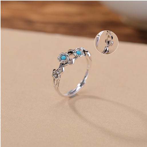 S925银戒指女款简约时尚轻奢戒指绿松镶嵌银饰戒指