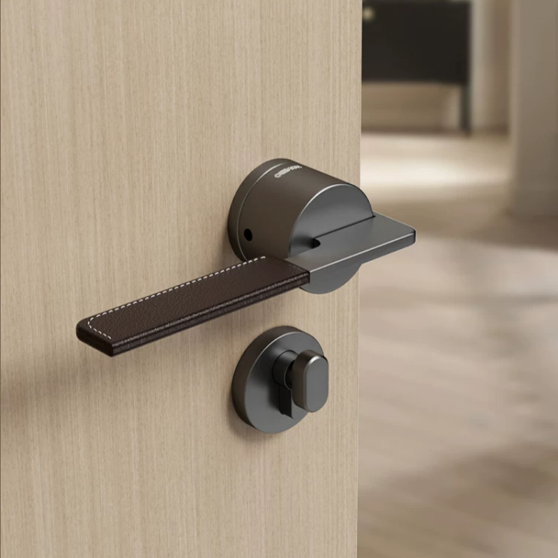 Haobao door lock bedroom home magnetic silent room door lock, grey Nordic leather split lock, indoor wooden door handle Specification image