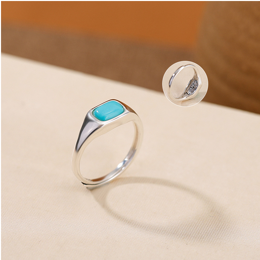 S925银戒指女款简约时尚轻奢戒指长方绿松石镶嵌