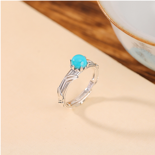 S925银戒指女款简约时尚轻奢戒指竹叶绿松石镶嵌
