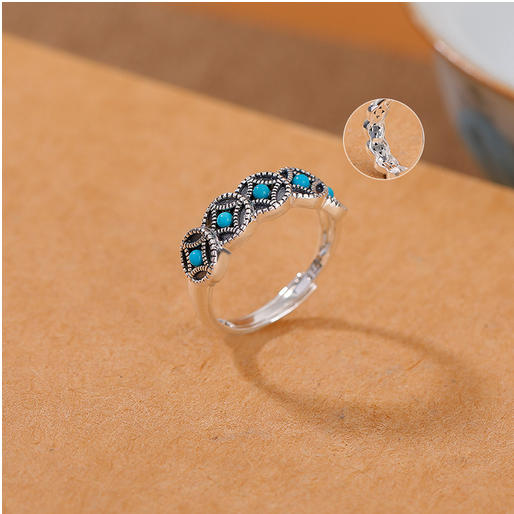 S925银戒指女款简约时尚轻奢戒指五帝钱币绿松石镶嵌