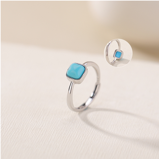 S925银戒指女款简约时尚轻奢戒指方形绿松镶嵌