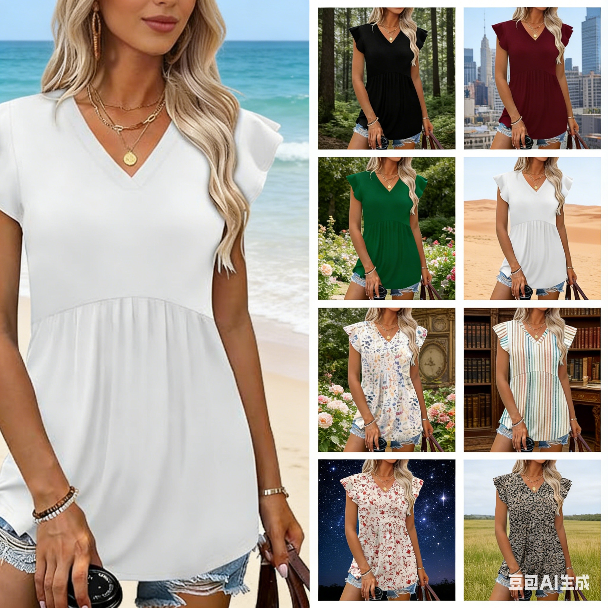 2026 Cross-border Women's Clothing Amazon European and American Spring/Summer New Women's V-neck top, doll dress, pleated sleeve T-shirt details Picture