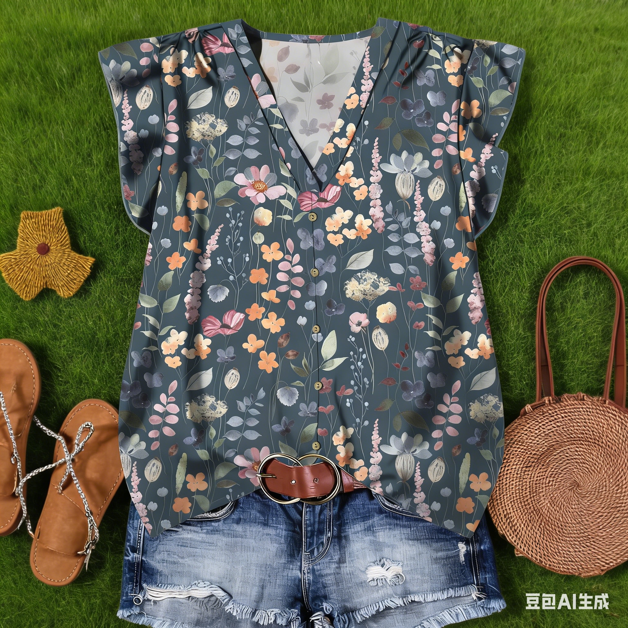 2026 In-stock women's summer V-neck Amazon new cross-border women's shirt print Casual summer V-neck shirt full figure