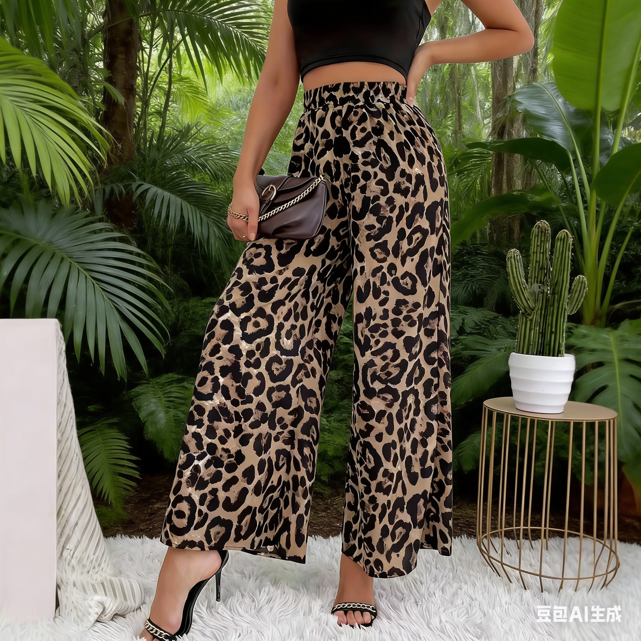 Cross-border spring European and American women's fashion classic leopard print elastic waist drape loose casual style wide-leg pants Specification image