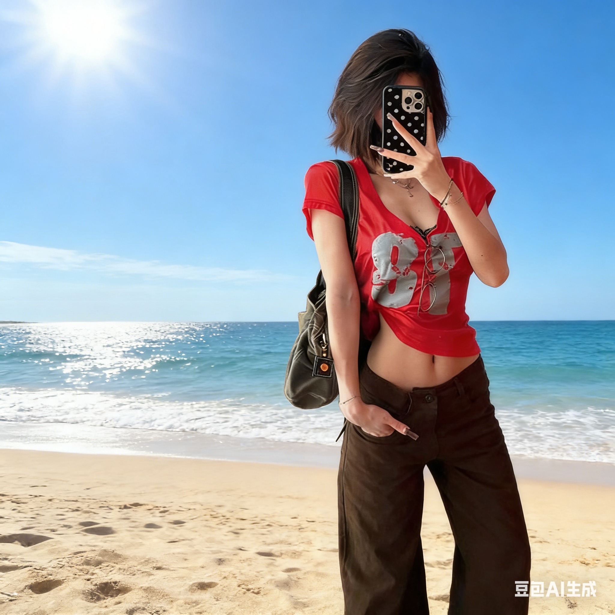 【 Tencel Ribbed 】 American retro red V-neck short-sleeved T-shirt for women's summer slimming and sporty design sense top Specification drawing