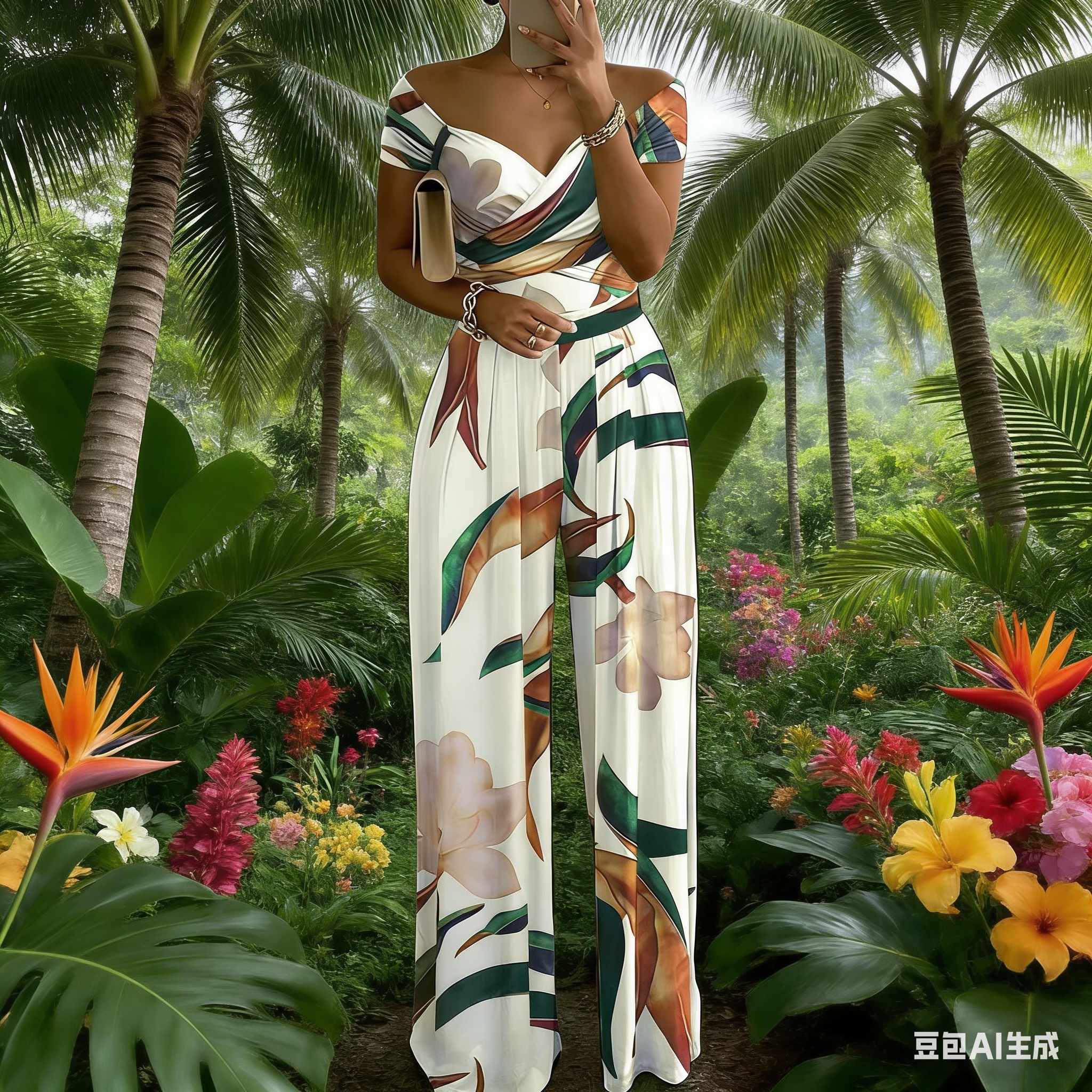 2026 New Amazon AliExpress European and American commuter women's wear, one-shoulder printed long pants, sexy high-waisted jumpsuits Specification image
