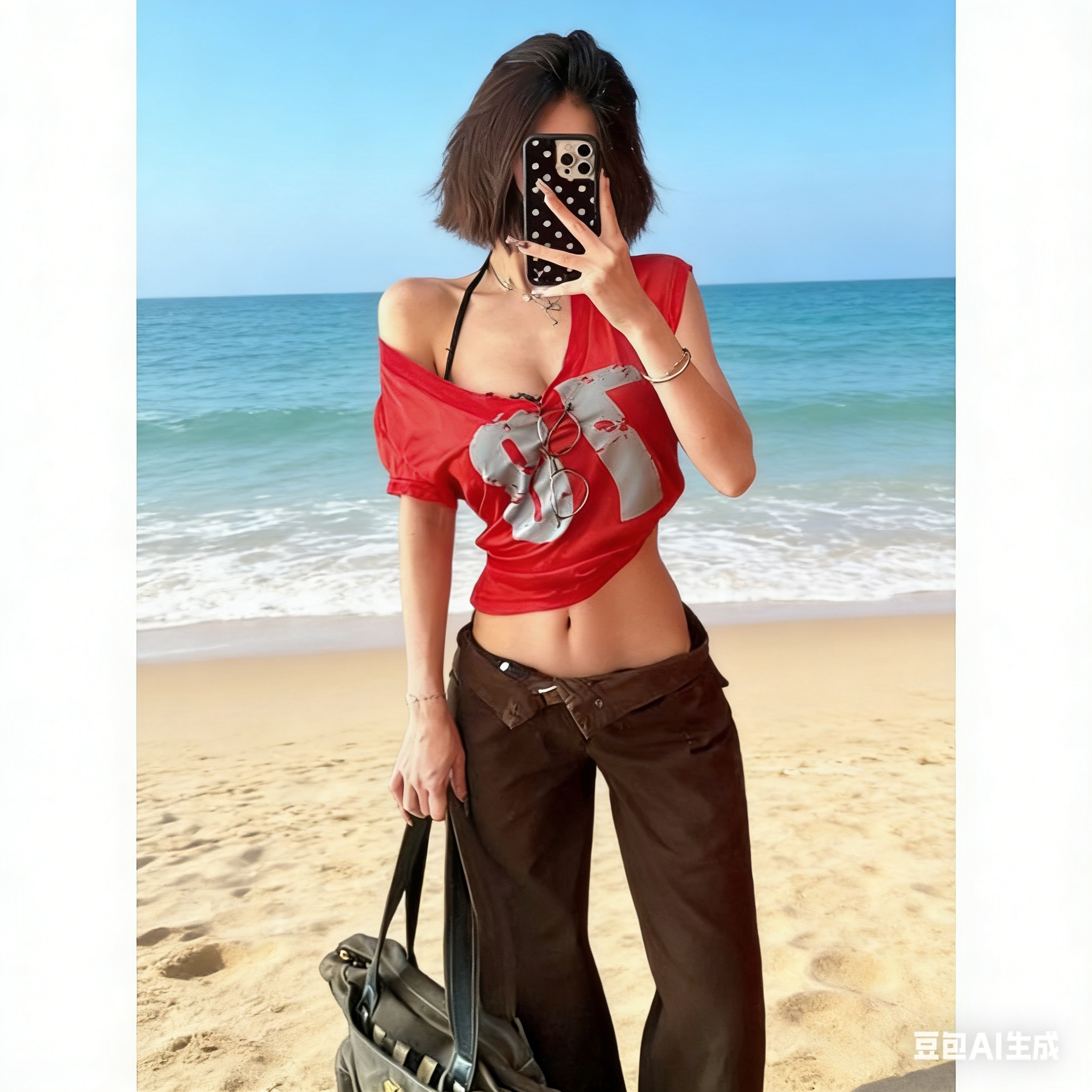 【 Tencel Ribbed 】 American retro red V-neck short-sleeved T-shirt for women's summer slimming and sporty design sense top full figure