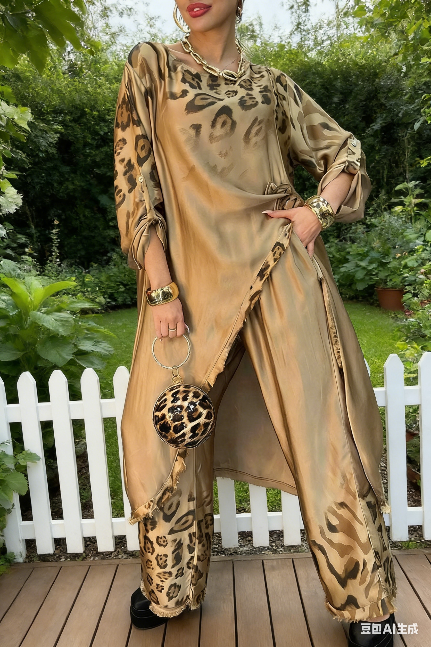 2026 European and American cross-border Amazon export Loose leopard print irregular top casual set wide-leg pants for women Application Scenario