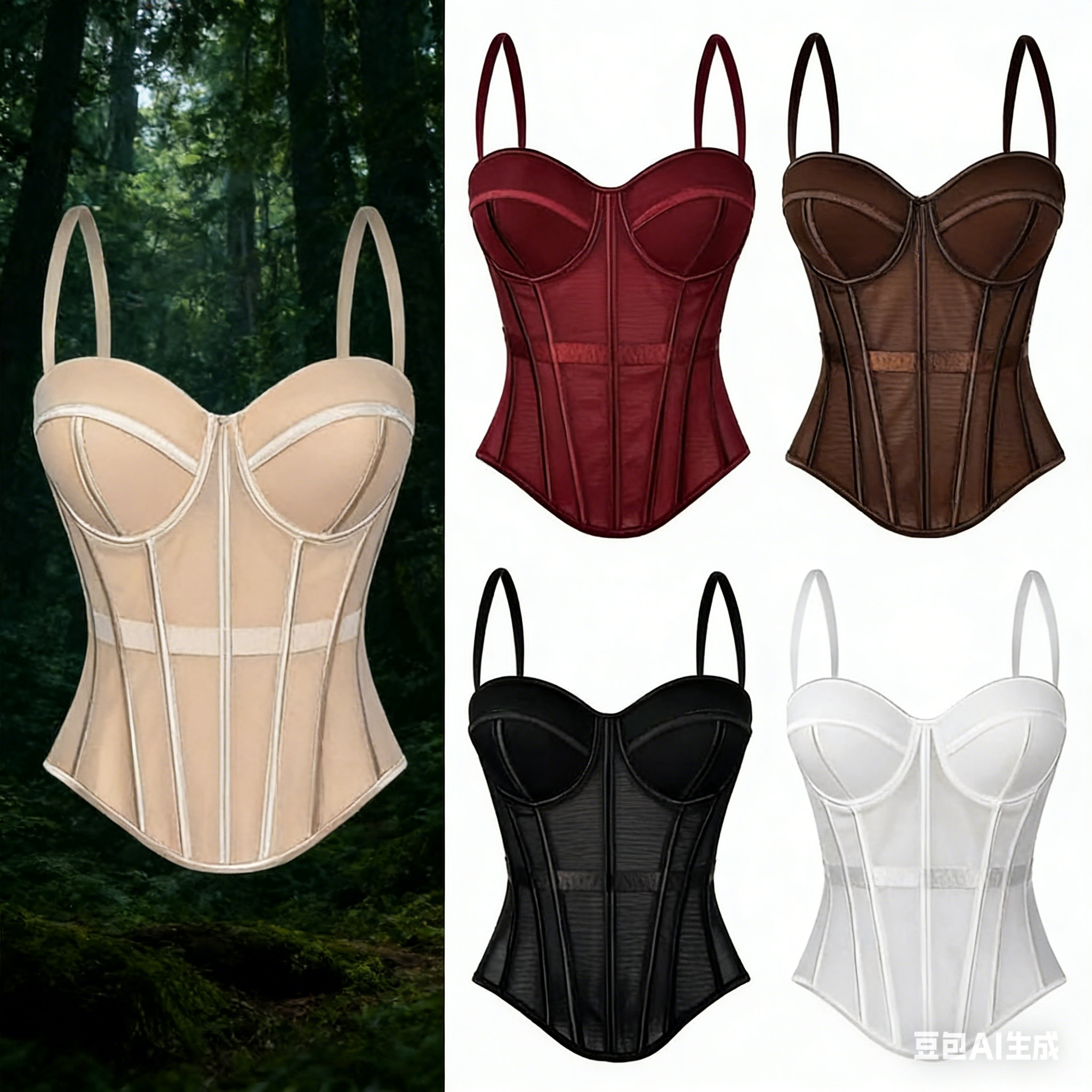 European and American pure fishbone corset, knitted mesh solid color halter top, slimming and beautiful, with shoulder straps and chest pads, worn over the corset details Picture