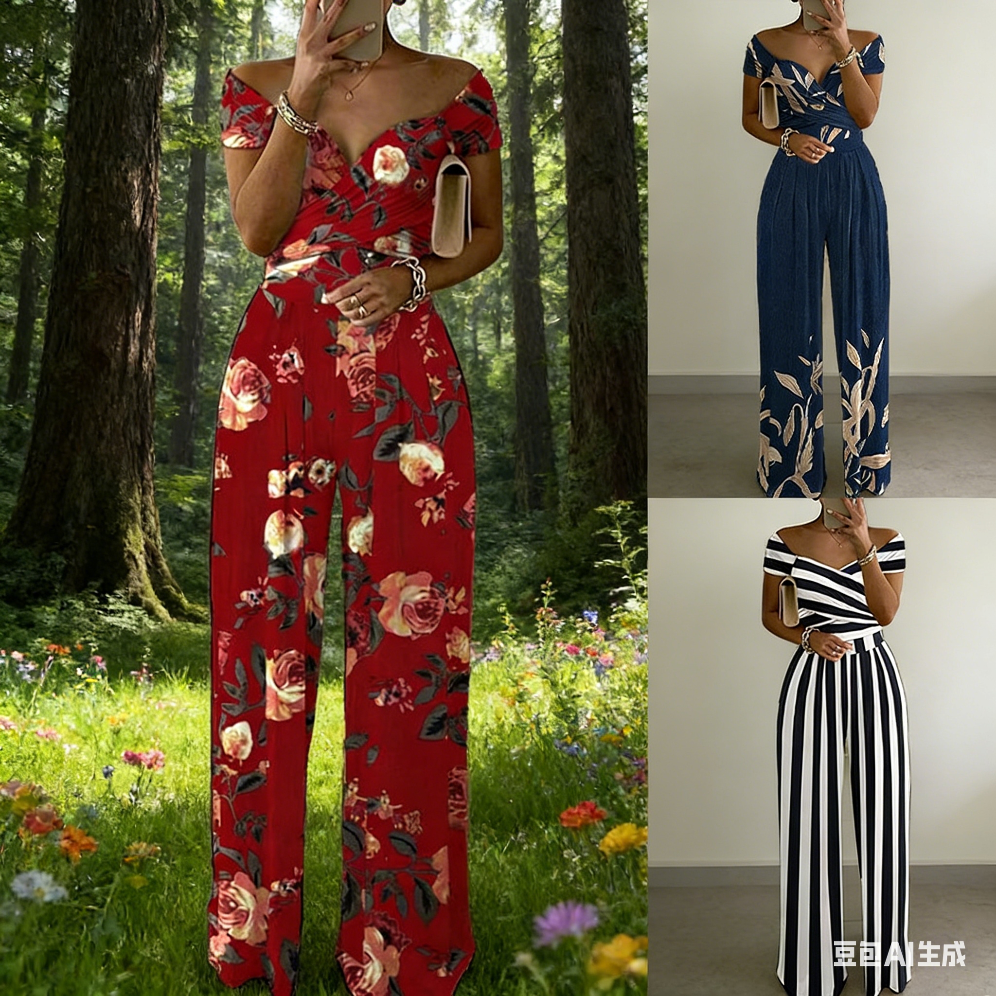 2026 New Amazon AliExpress European and American commuter women's wear, one-shoulder printed long pants, sexy high-waisted jumpsuits