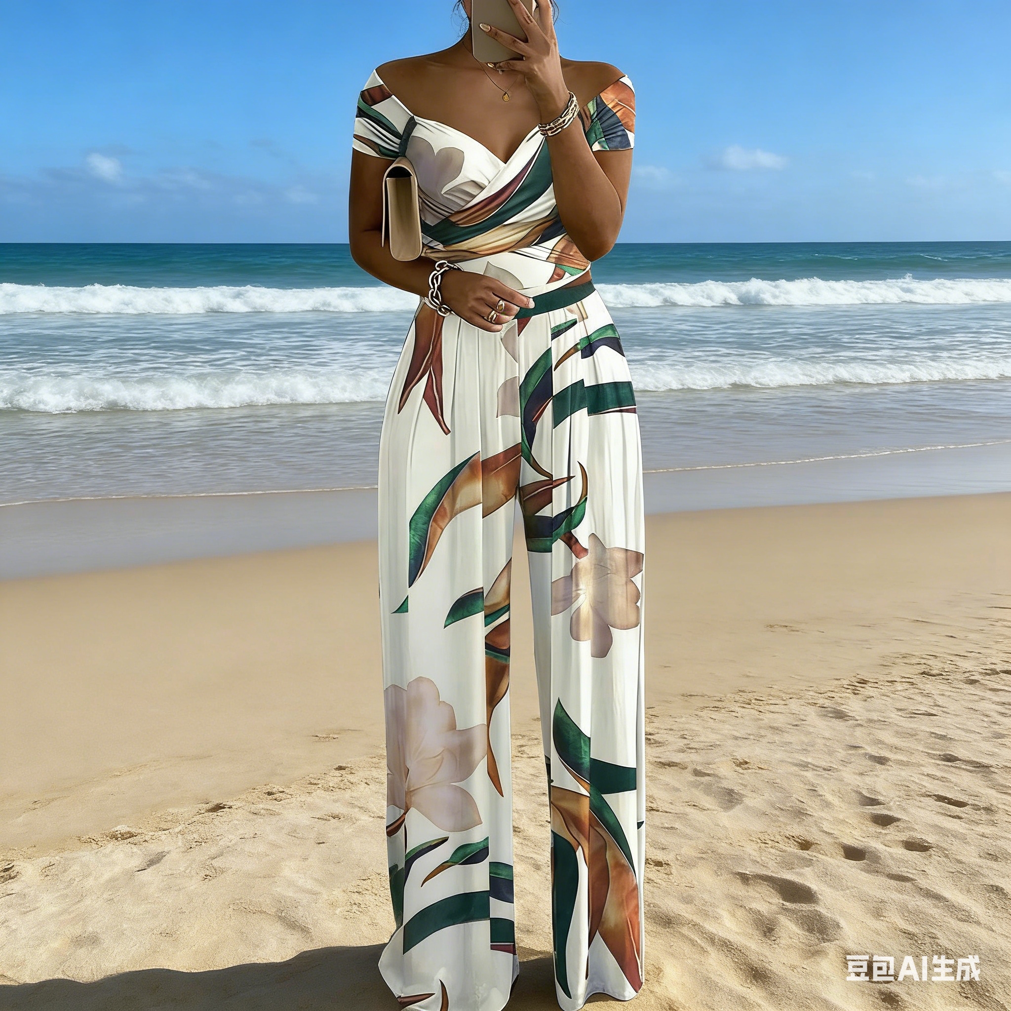 2026 New Amazon AliExpress European and American commuter women's wear, one-shoulder printed long pants, sexy high-waisted jumpsuits details Picture