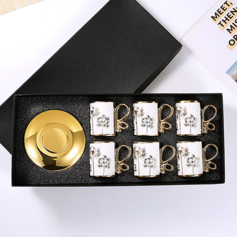 Cross-border European-style gold-plated ceramic coffee cups and saucers, six cups and six saucers gift box set, gift event, daily necessities Item Picture