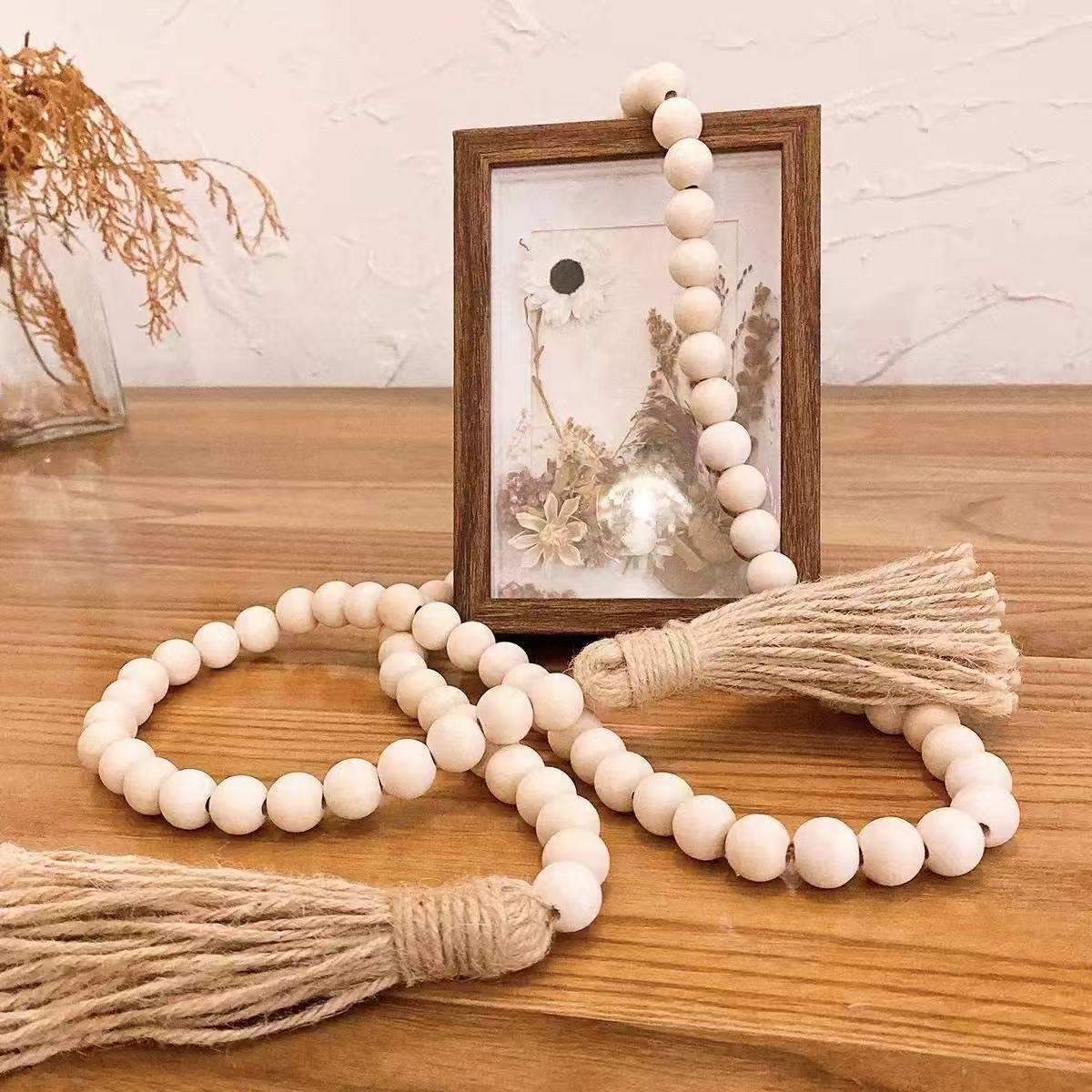 Ins-style natural wood color hemp rope, wood beads, tassel strings, home decoration pendants, hand-woven Bohemian-style wall hangers, living room, bedroom, homestay soft furnishings, atmosphere, photo props