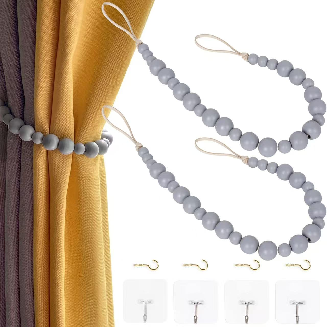 Morandi grey wood bead curtain binding, Nordic-style beaded binding, a perfect home soft decoration tool