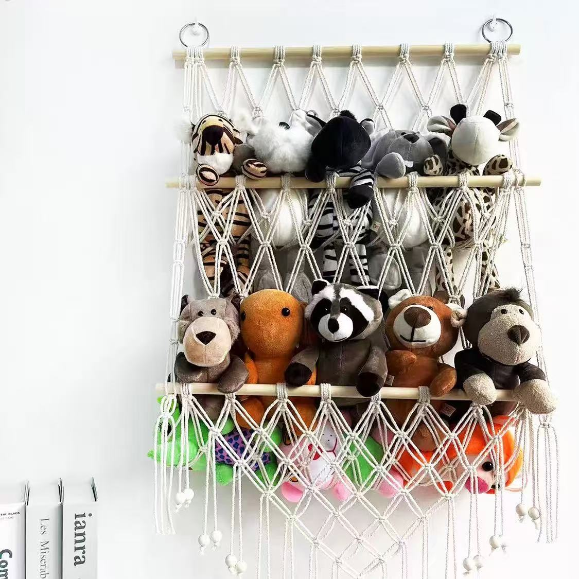 Nordic woven three-layer wooden stick toy storage, net bag shelf, Bohemian-style wall decoration tapestry, children's room, plush toy storage, practical and beautiful two-in-one home soft decoration Application Scenario