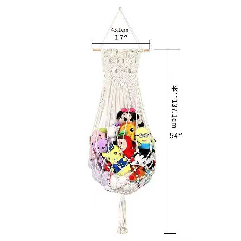 Hand-woven plush toy storage net bag, cotton rope, hammock hanging bag, children's room toy storage wonder, Bohemian-style wall decoration, great home storage items Item Picture