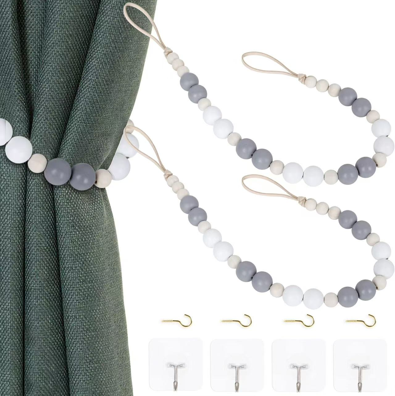 Grey and white cloud-colored wooden bead curtain ties, Nordic-style beaded ties, home soft decoration