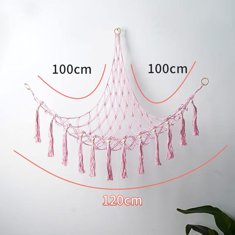 Hand-woven pink doll net bag with wooden beads, Nordic-style cotton rope decorative storage bag, children's room plush doll storage, wall decoration, home soft decoration, practical and beautiful good item
