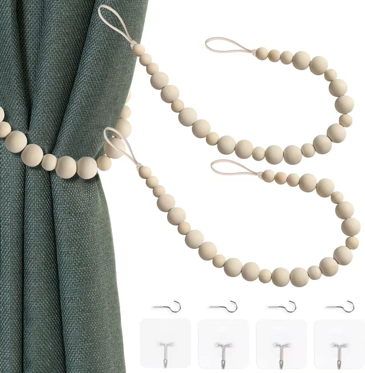 Nordic-style off-white wooden bead curtain ties, handcrafted beaded tie curtain ties, storage and decoration